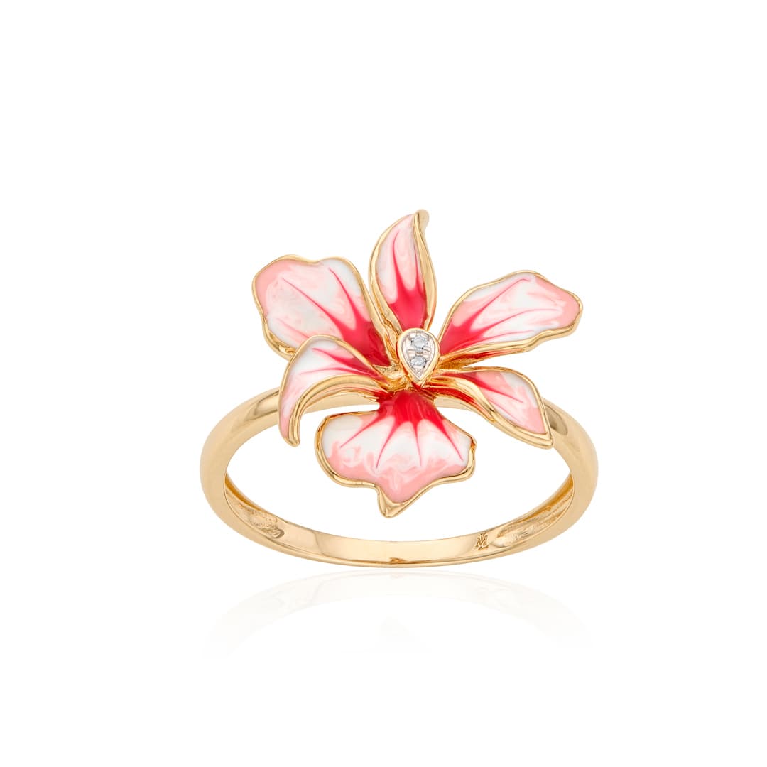 Pink Orchid Enamel and Diamond Flower Ring 0