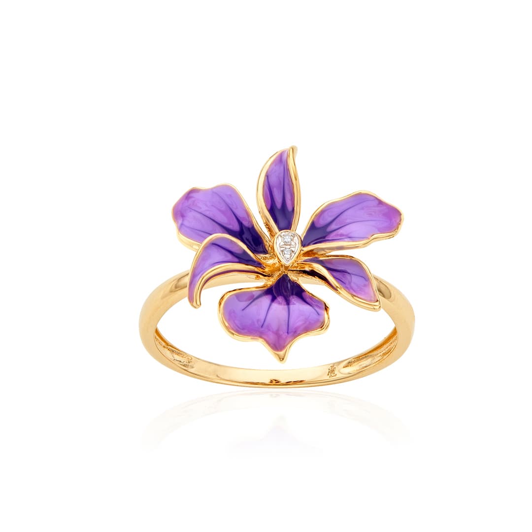 Purple Orchid Enamel and Diamond Flower Ring 0