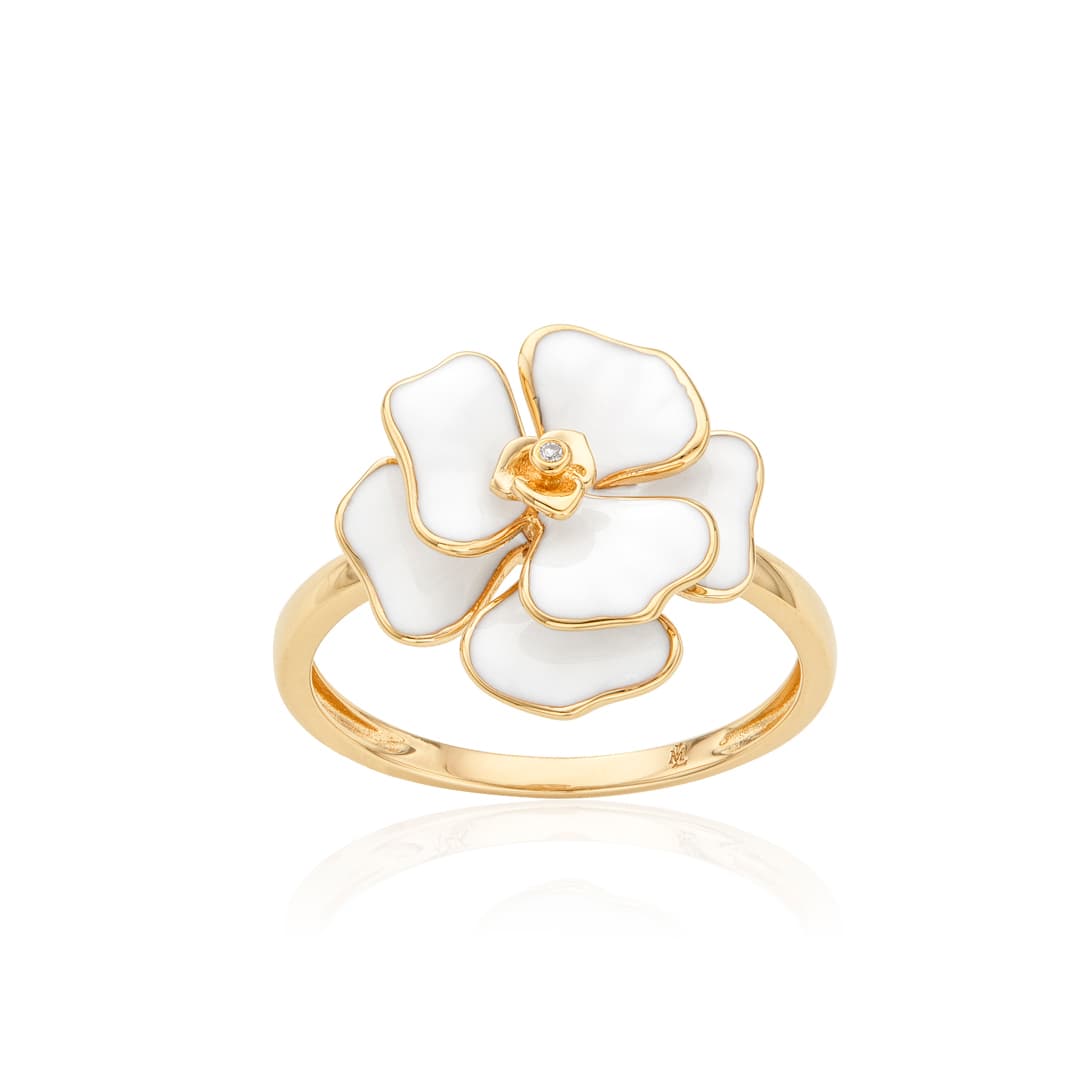 White Enamel Flower Ring  with Diamond Center 0