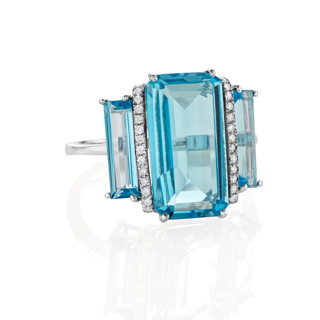 Three-Stone Blue Topaz and Diamond White Gold Ring