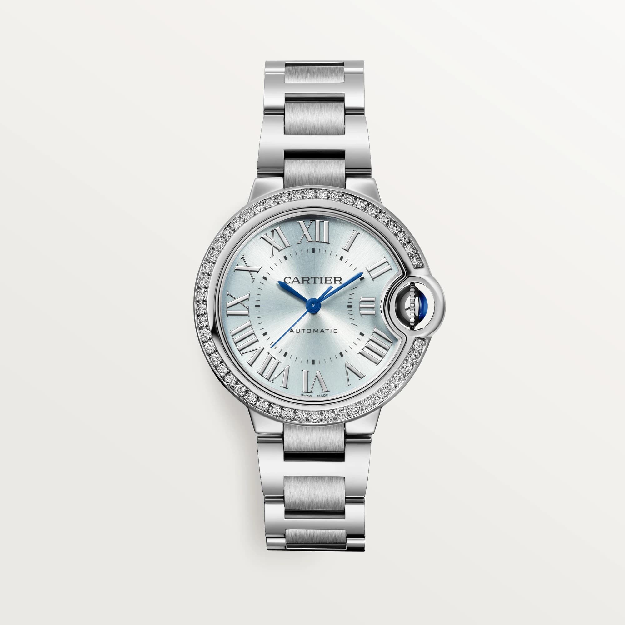 Ballon Bleu de Cartier Watch, Blue Silvered Sunray-Brushed Dial with Diamonds, 33mm
