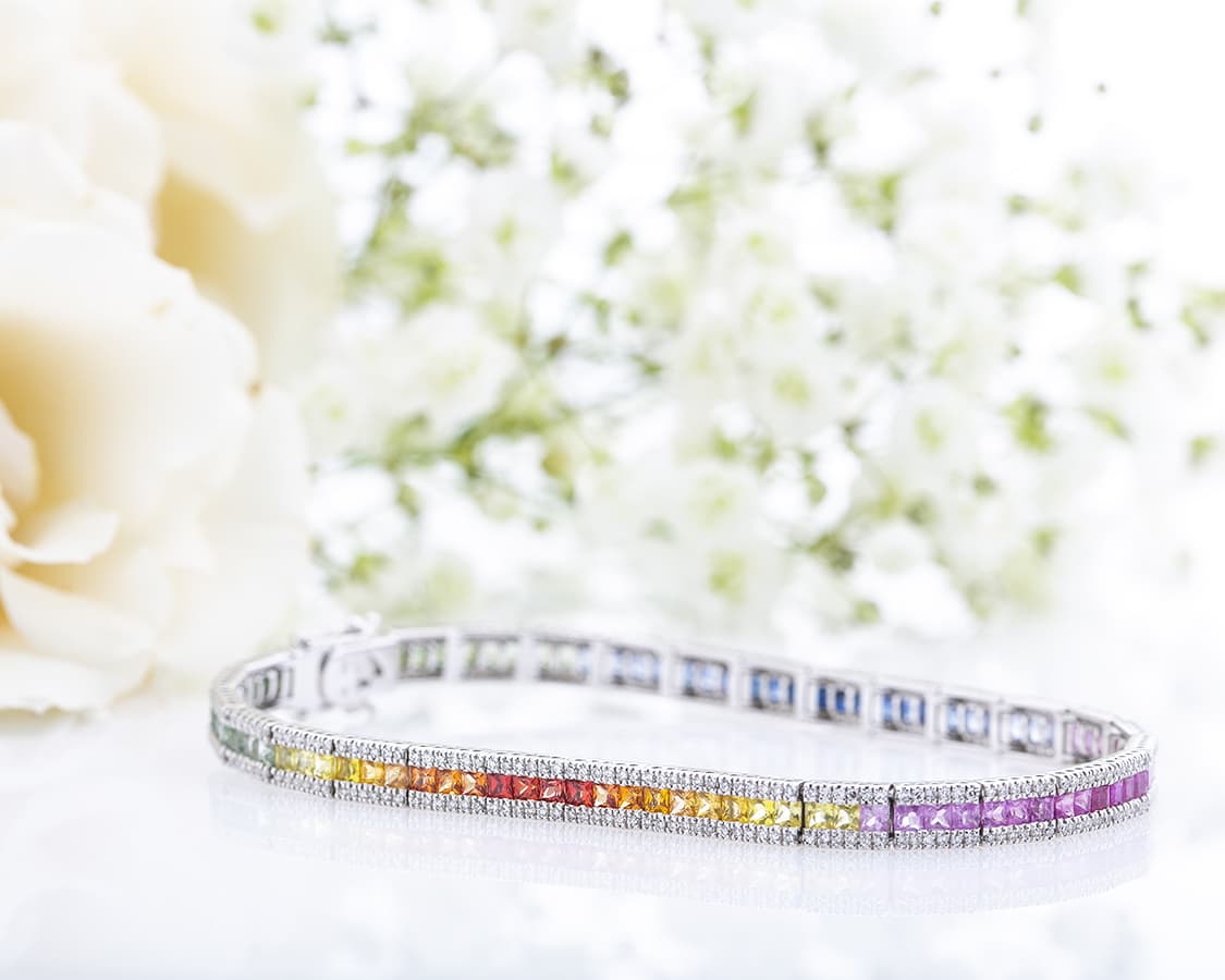 White Gold Multi-Colored Sapphire & Diamond Line Bracelet 1