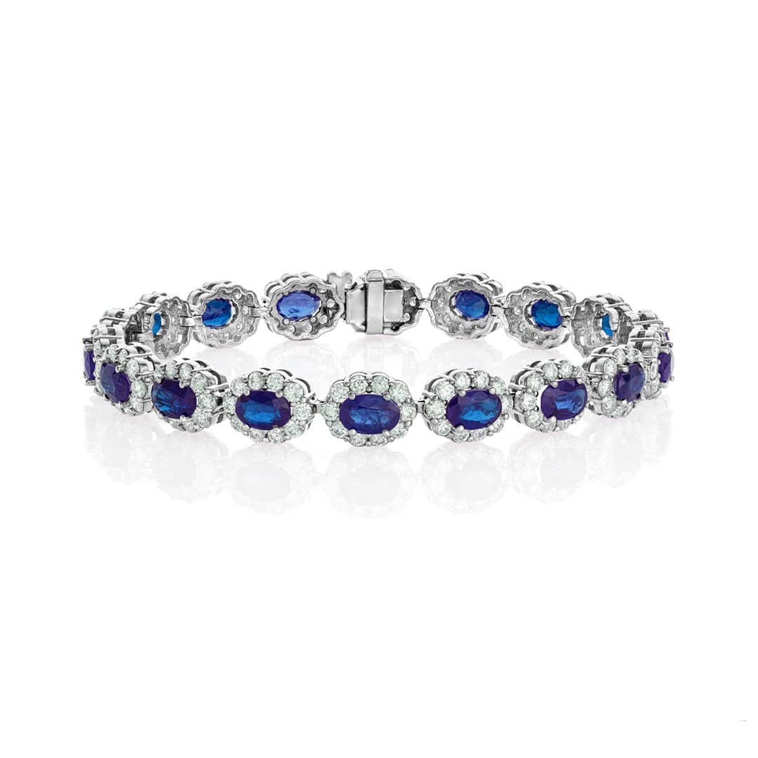 White Gold Oval Gemstone & Diamond Halo Link Bracelet