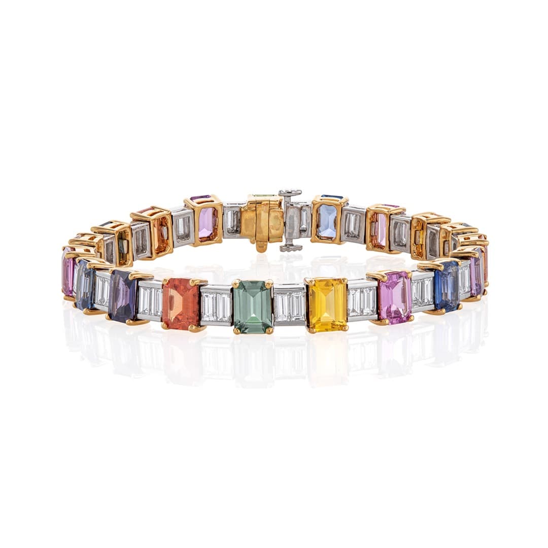 Fancy Multicolor Emerald-Cut Sapphire and Diamond Bracelet