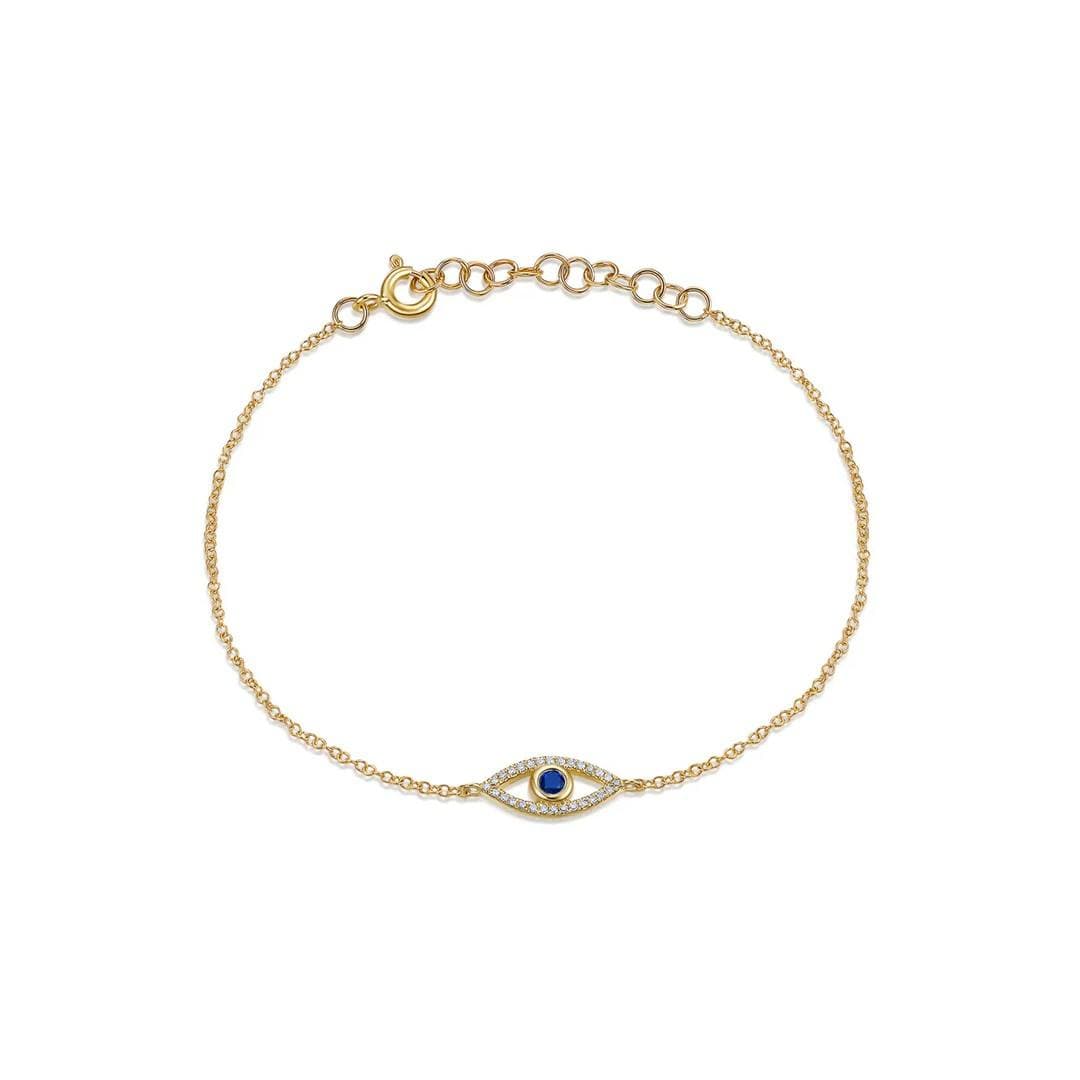 yellow gold chain style bracelet with evil eye station made of sapphires and diamonds