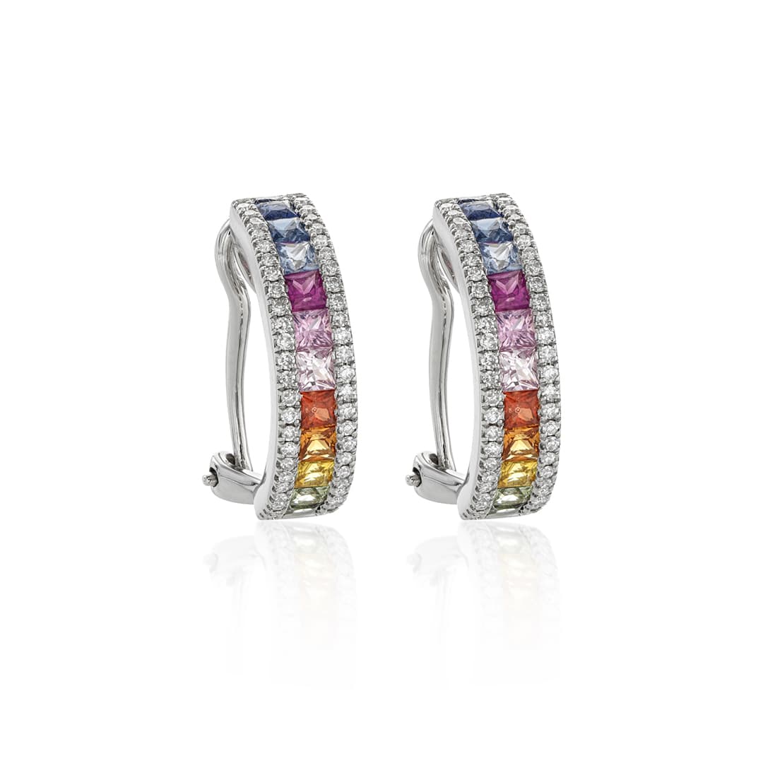 White Gold Multi-Colored Sapphire & Diamond Hoop Earrings