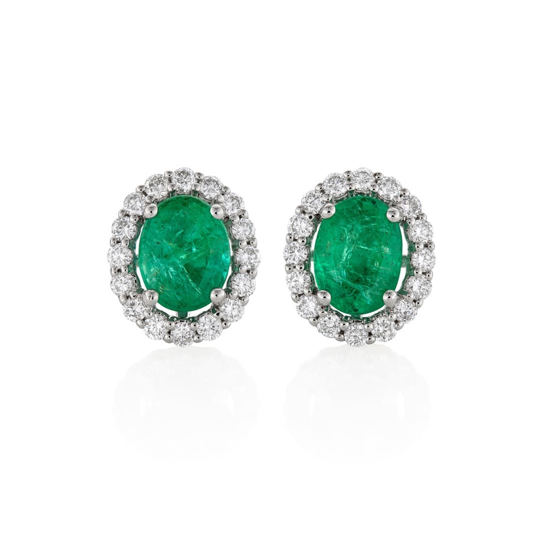 White & Yellow Gold 3.32ct Oval Emerald & Diamond Halo Earrings 0