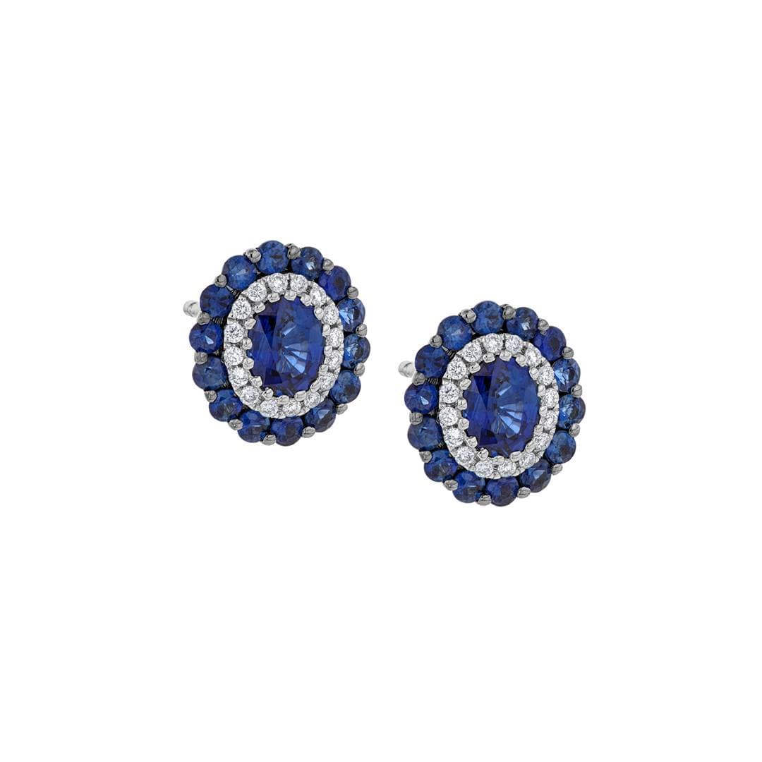 Oval Shaped Sapphire Post Earrings with Diamond and Sapphire Double Halos 0