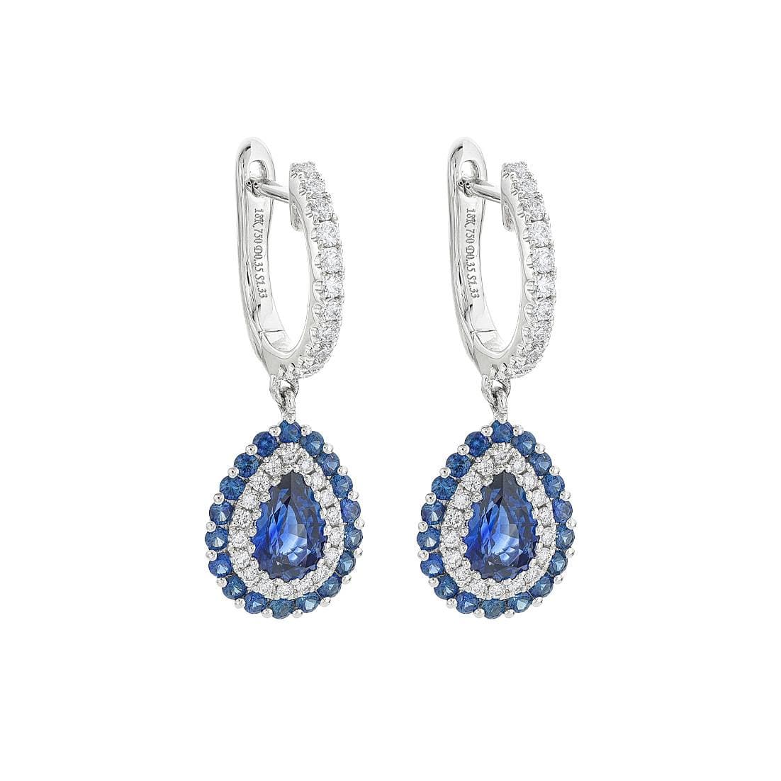 White Gold Pear Shaped Sapphire & Diamond Halo Drop Earrings 0