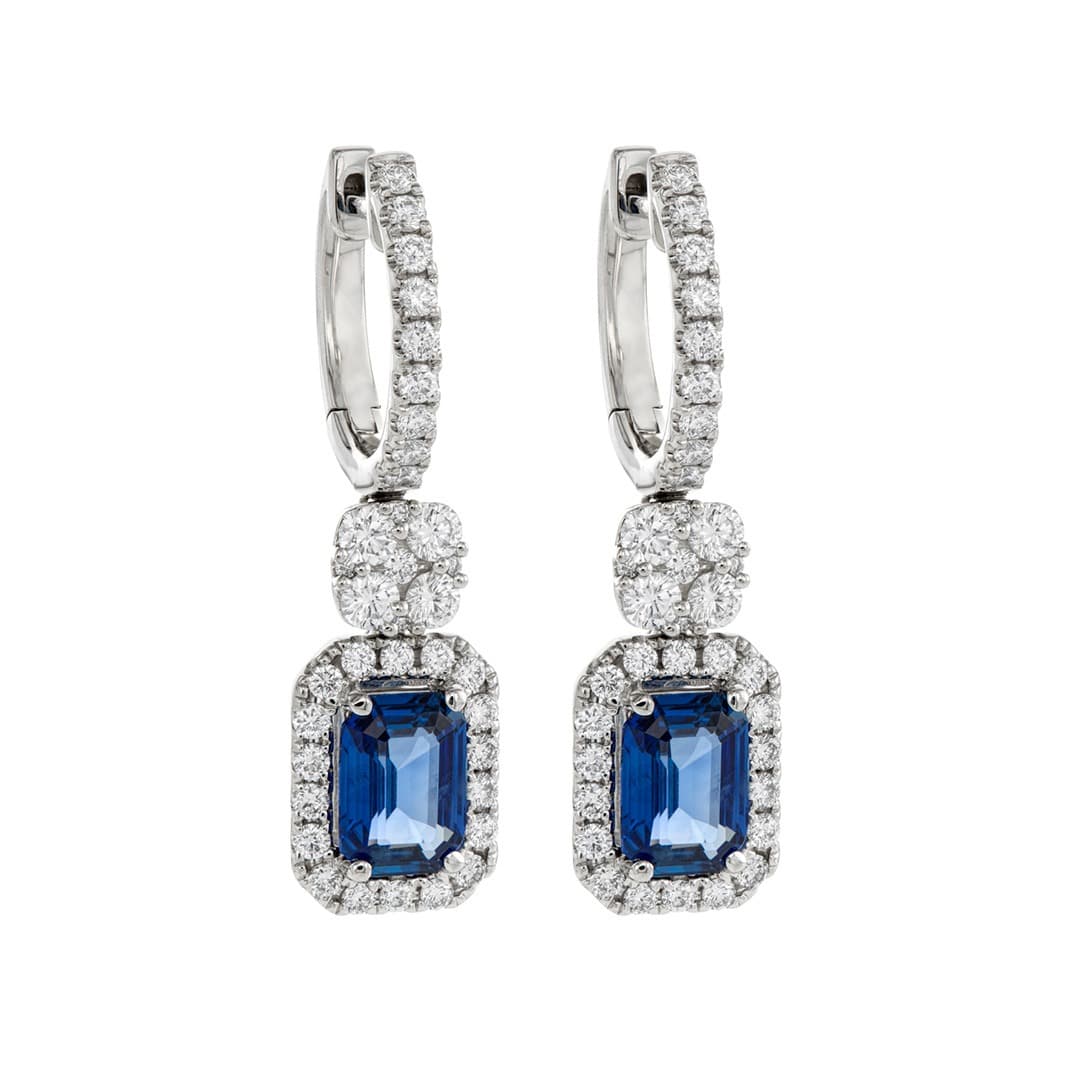 Emerald Cut Gemstone Drop Earrings with Pave Diamond Halo and Cluster