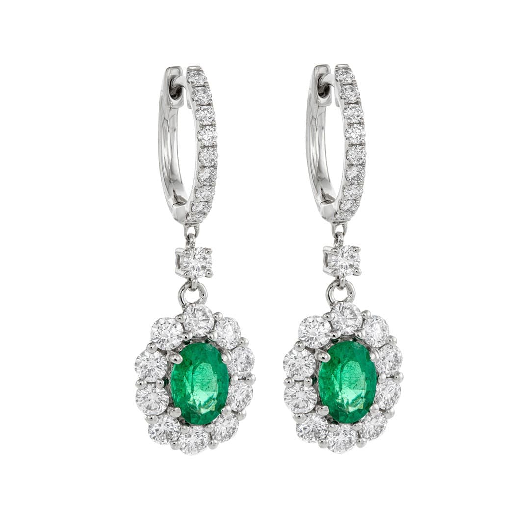 Oval Shaped Gemstone Drop U-Loop Earrings with Round Diamond Halo