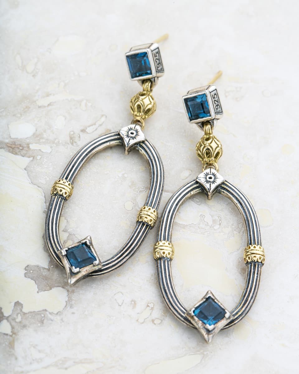 Konstantino Sterling Silver, Yellow Gold & London Blue Topaz Oval Drop Earrings 1