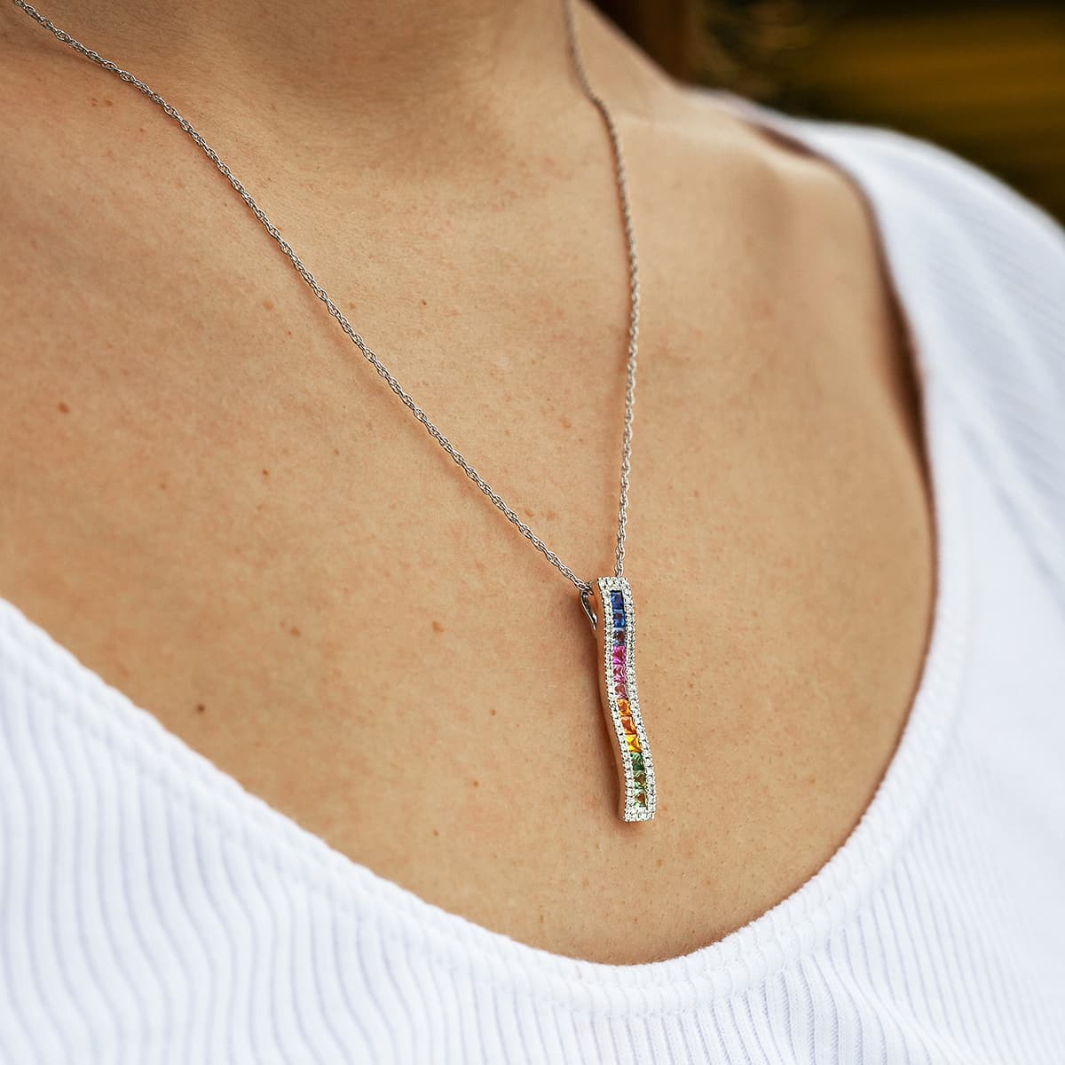 White Gold & Multi-Colored Sapphire Vertical Bar Pendant Necklace 1