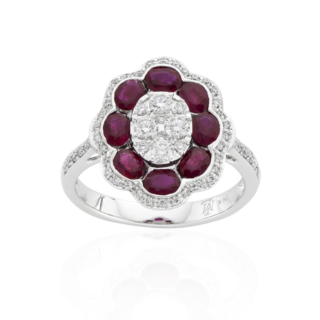 White Gold Diamond Cluster & Oval Ruby Flower Ring 0