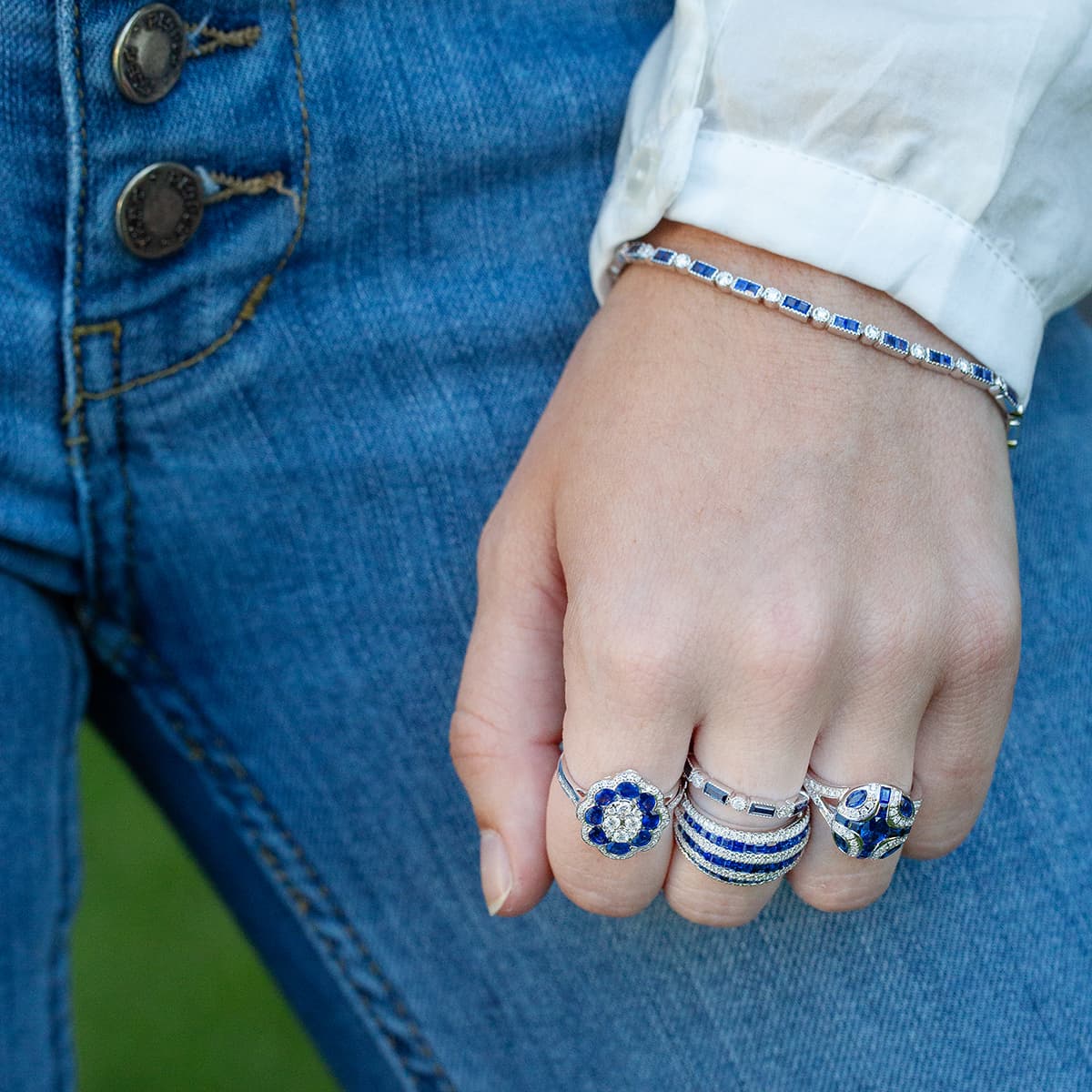 Sapphire & Diamond Domed Striped Ring 1