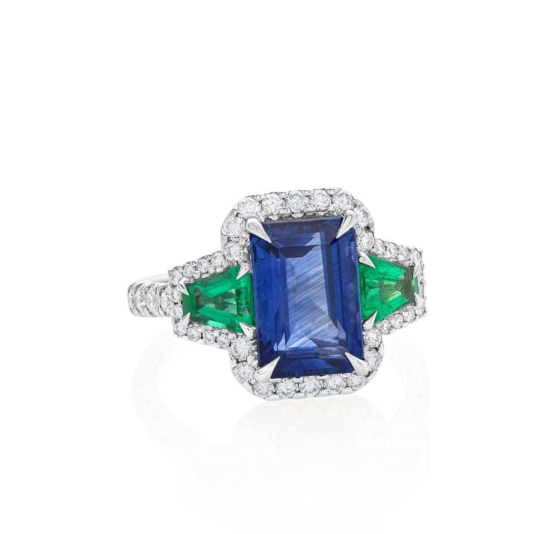 Emerald and Sapphire Three Stone Halo Ring 1