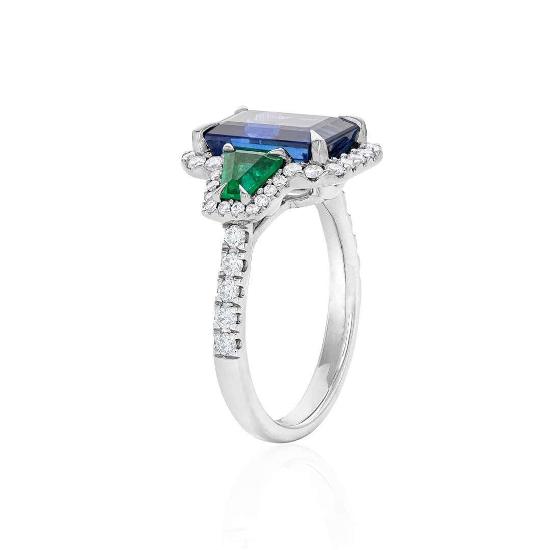 Emerald and Sapphire Three Stone Halo Ring 2