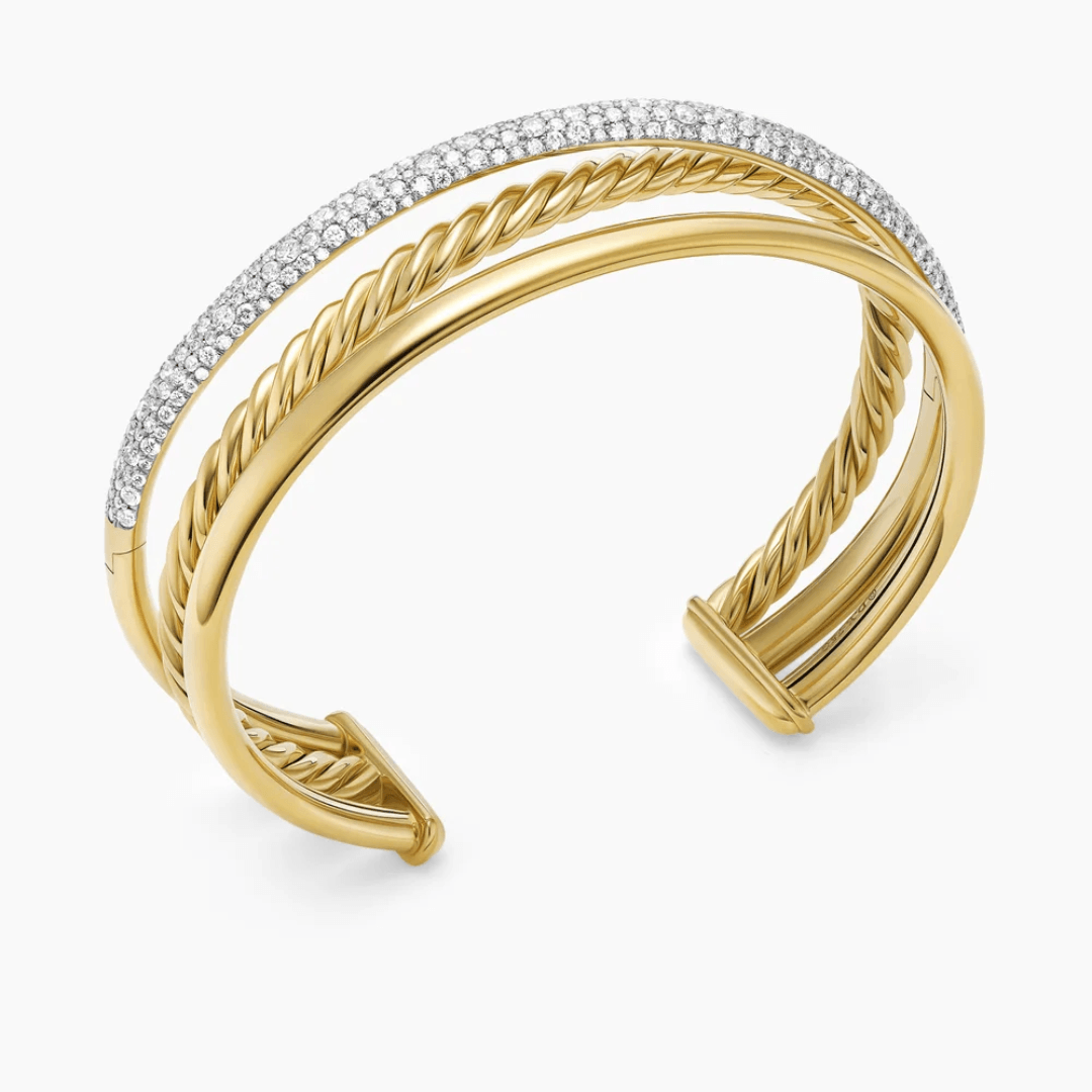 David Yurman DY Crossover Pave Three Row Cuff Bracelet in 18k Yellow Gold 1