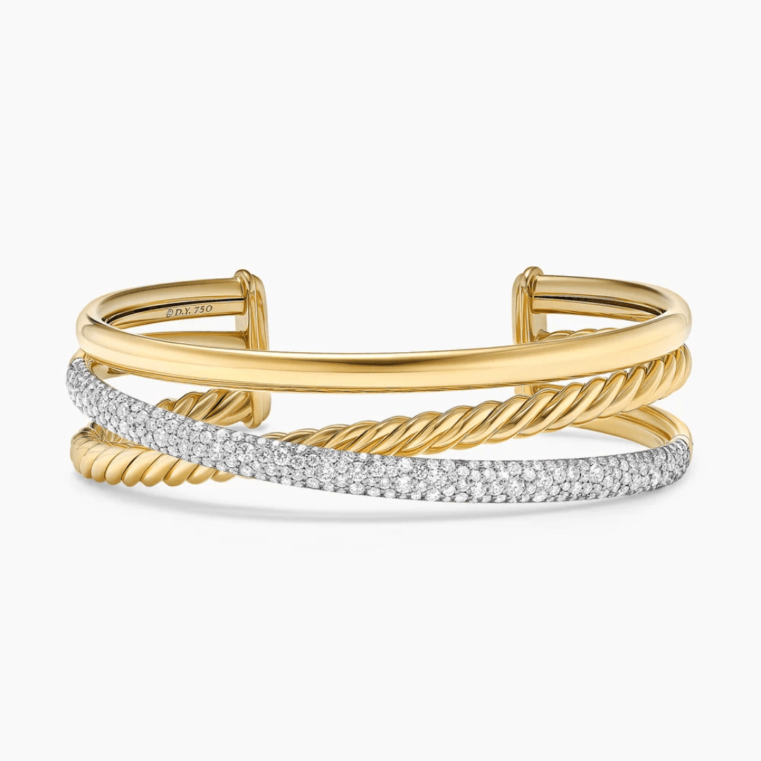 David Yurman DY Crossover Pave Three Row Cuff Bracelet in 18k Yellow Gold 0