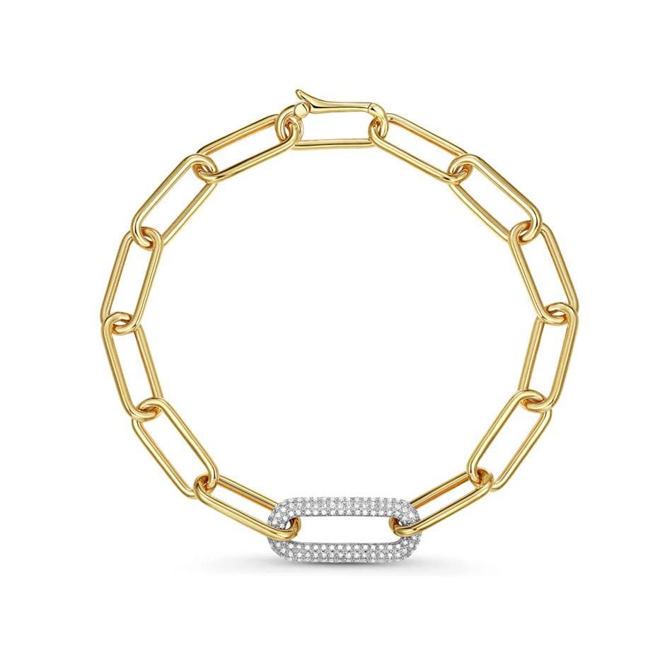 yellow  gold oval link chain bracelet with a white gold pave diamond center link