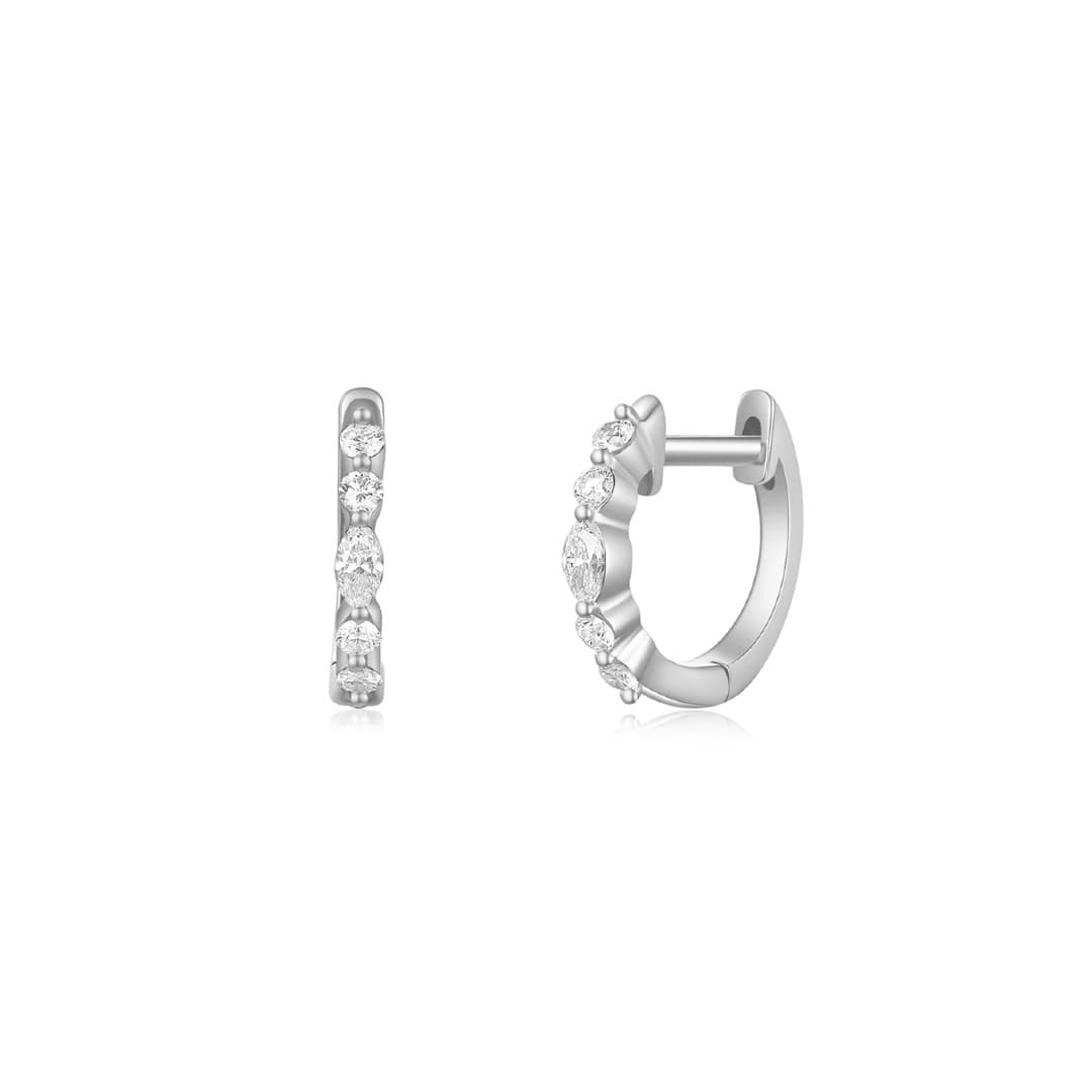 Huggie Hoop Earrings with Marquise and Round Diamonds in White Gold