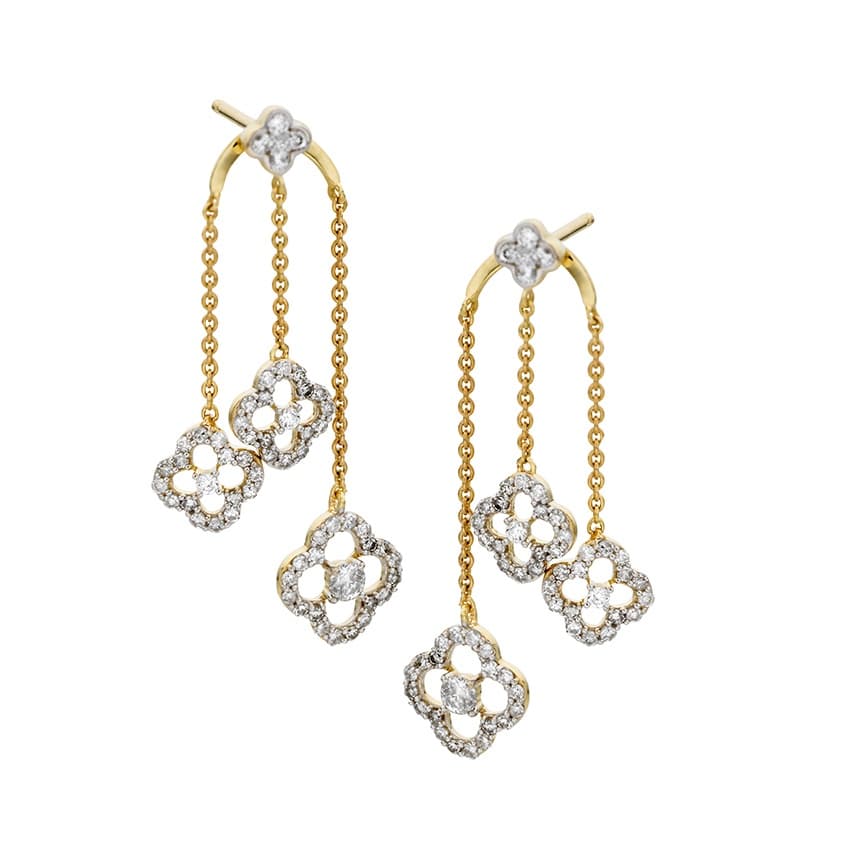 Yellow & White Gold Diamond Open Clover Drop Earrings 0