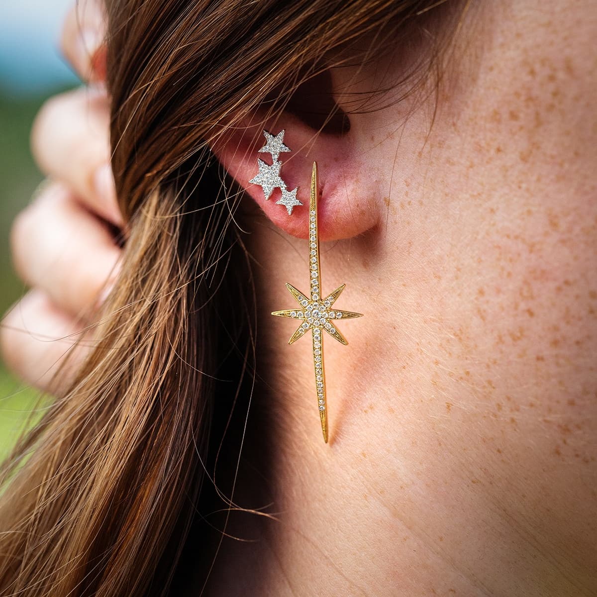 Yellow Gold Diamond Starburst Post Earrings 1