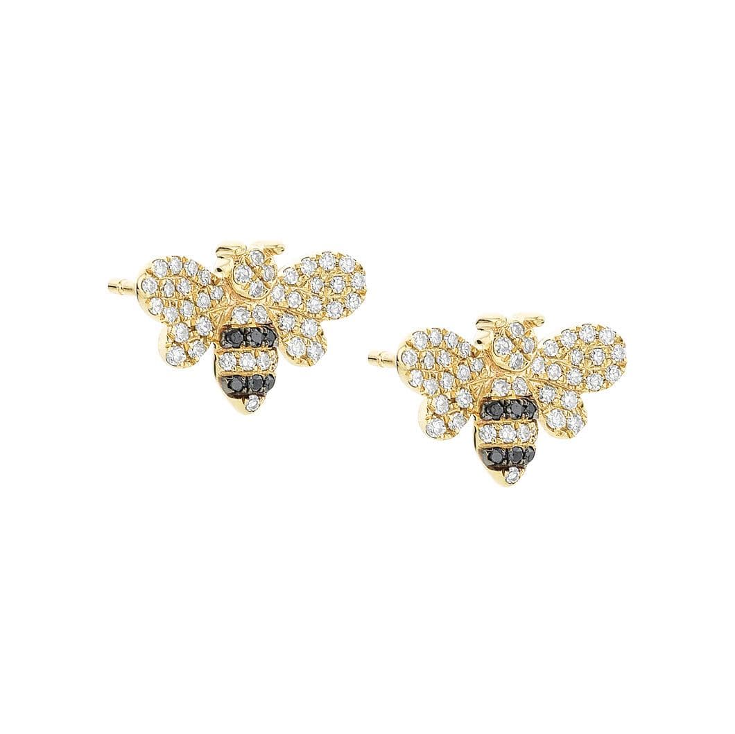 Yellow Gold, Black & White Diamond Bumblebee Post Earrings