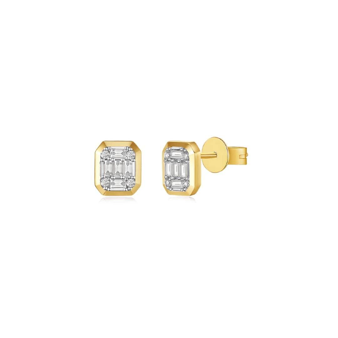 Octagonal Diamond Stud Cluster Earrings in Yellow Gold