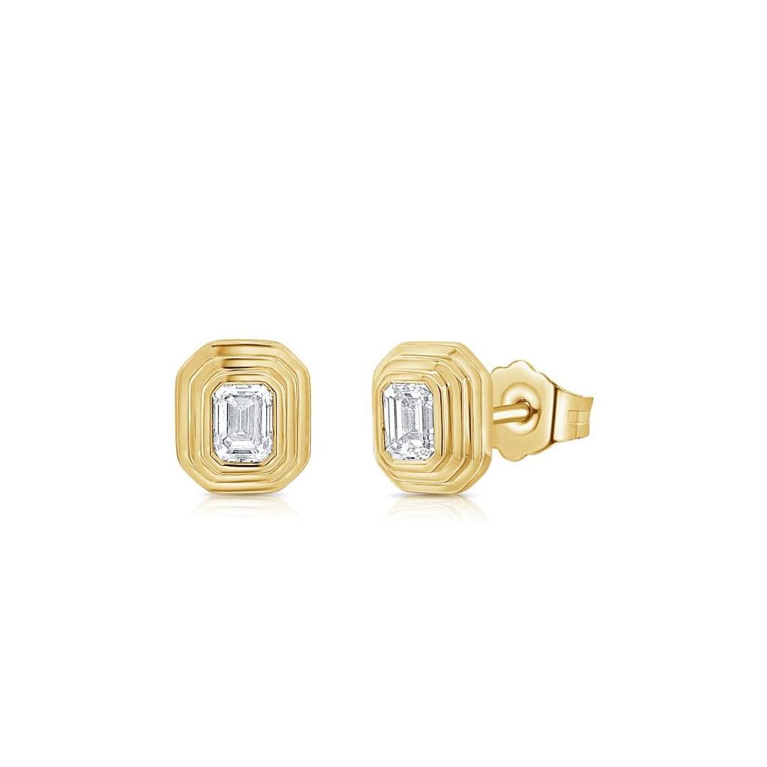 Emerald Cut Diamond Studs in Gold Bezel Settings 0