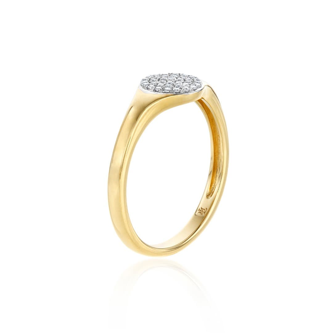 Pave Diamond Disc Yellow Gold Signet Ring 1