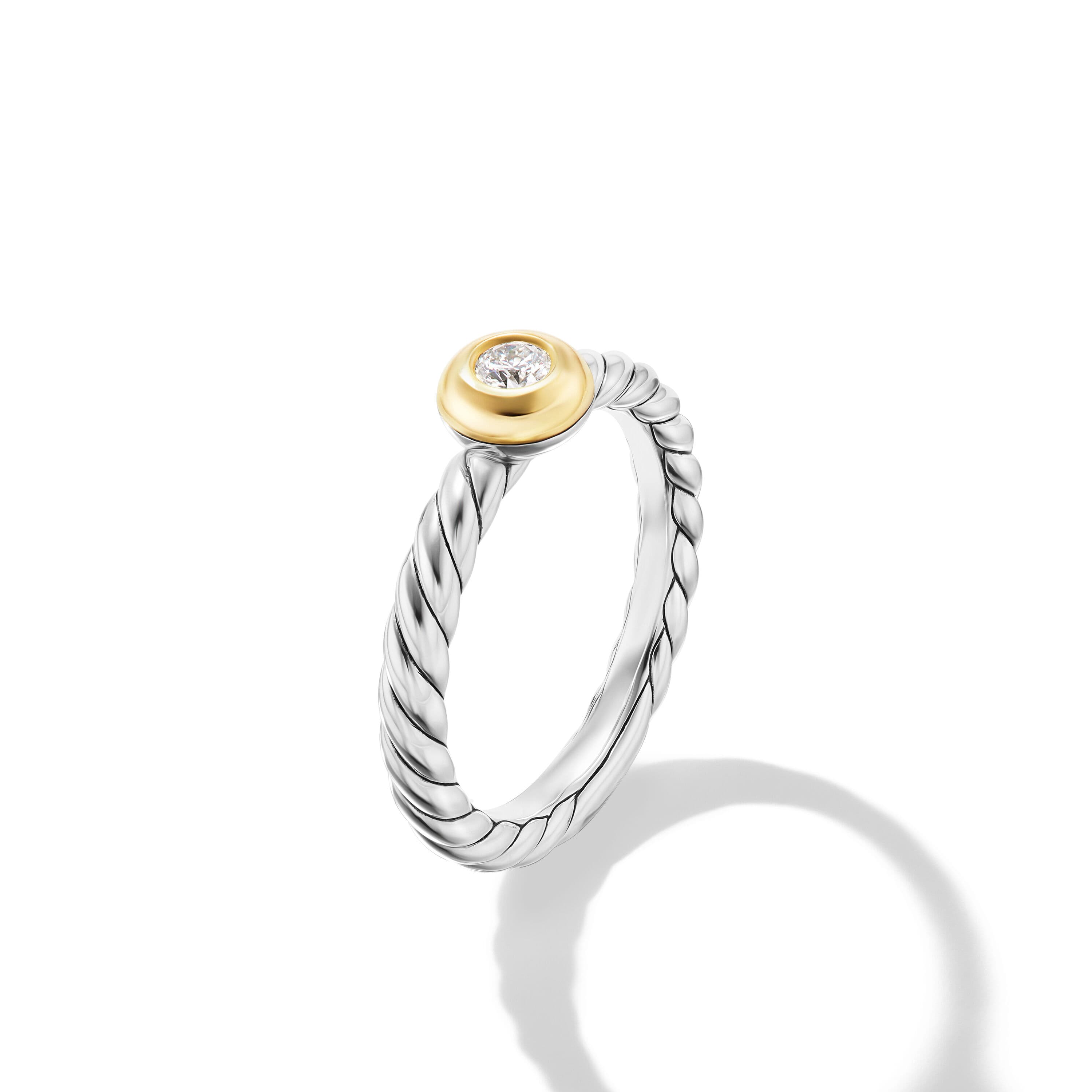 David Yurman Petite Cable Ring in Sterling Silver with 14K Yellow Gold and Diamond, Size 6 1