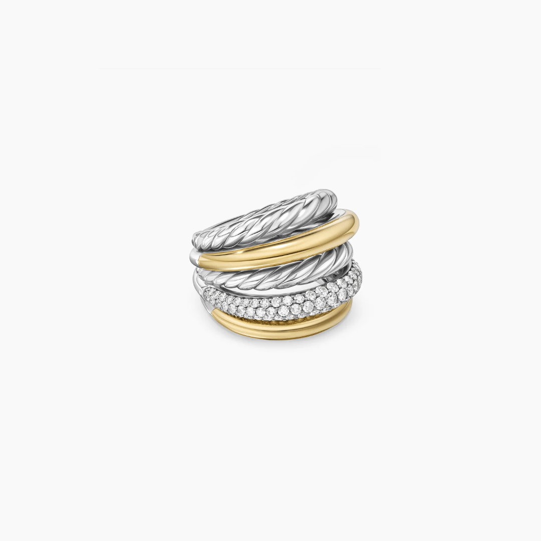 David Yurman DY Mercer Multi Row Ring with 18k Yellow Gold and Diamonds, size 8