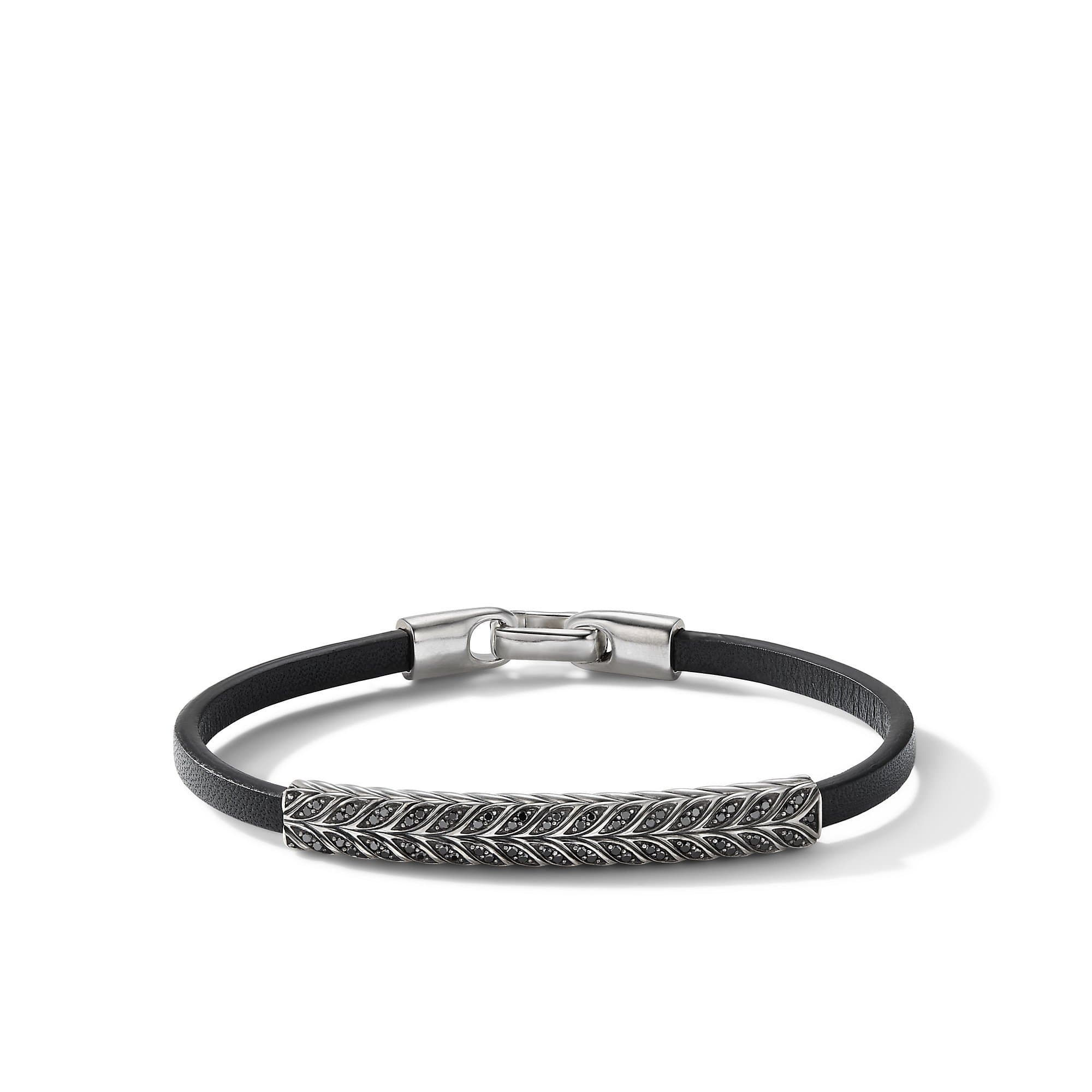 David Yurman Chevron Black Leather ID Bracelet with Pave Black Diamonds | Front View