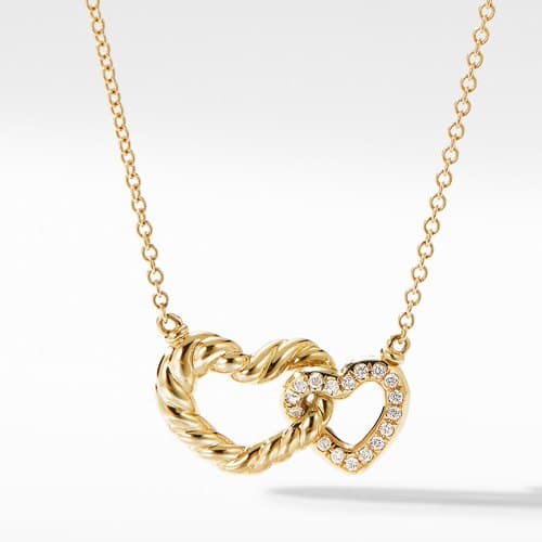 David Yurman Double Heart Pendant Necklace in 18K Yellow Gold with Diamonds