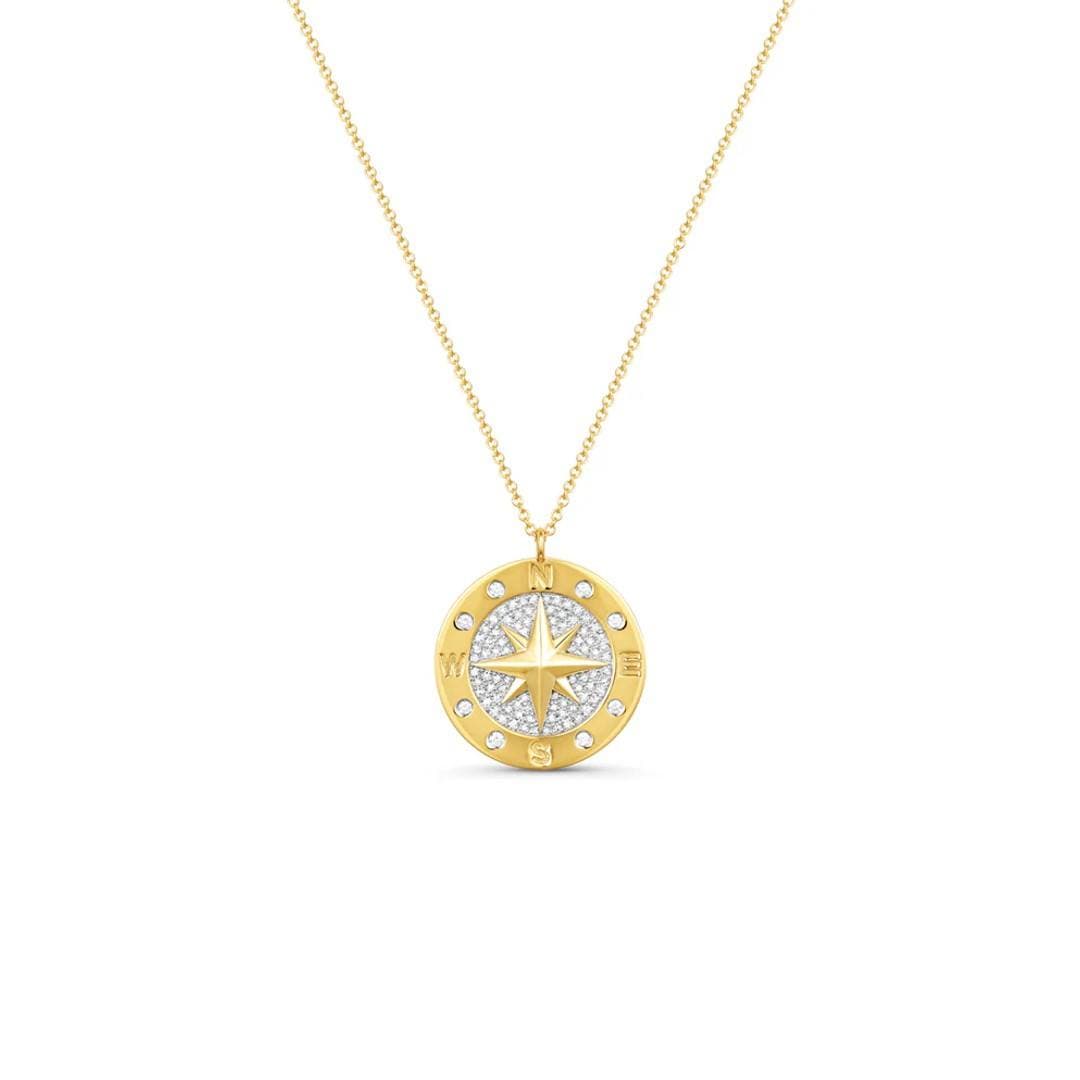 Compass Disc Pendant Necklace with Diamonds