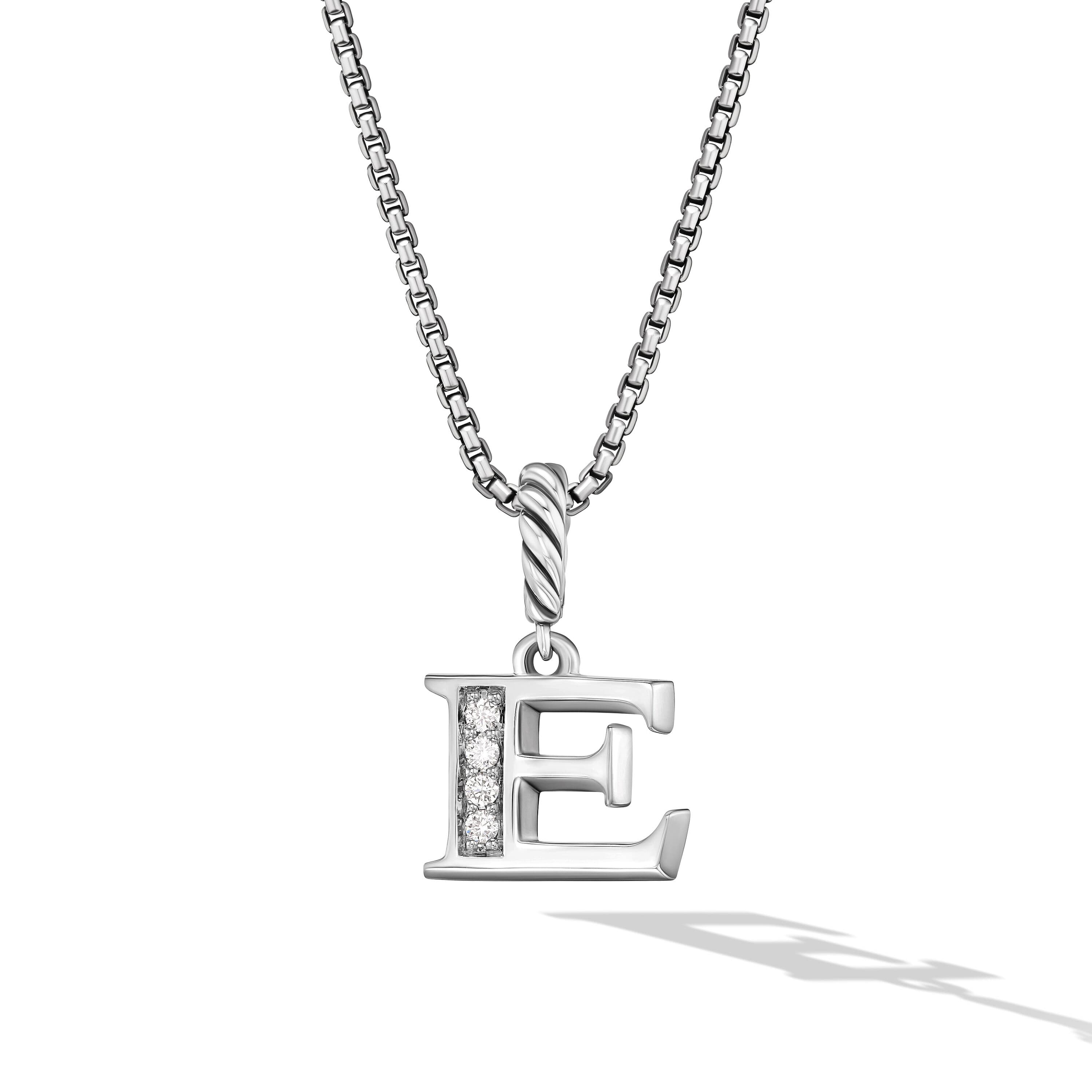 David Yurman Pave Diamond Initial E Pendant Necklace in Sterling Silver