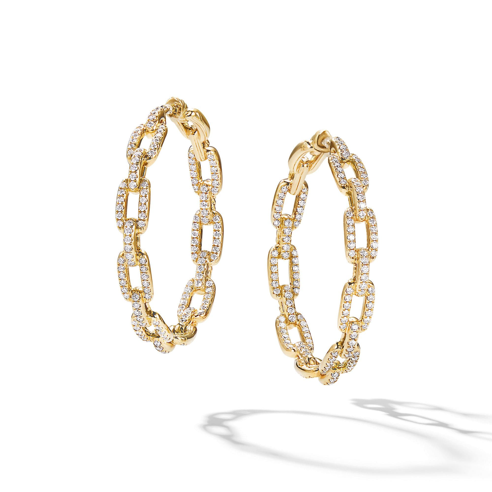 David Yurman Stax Chain Link Hoop Earrings in 18k Yellow Gold with Diamonds