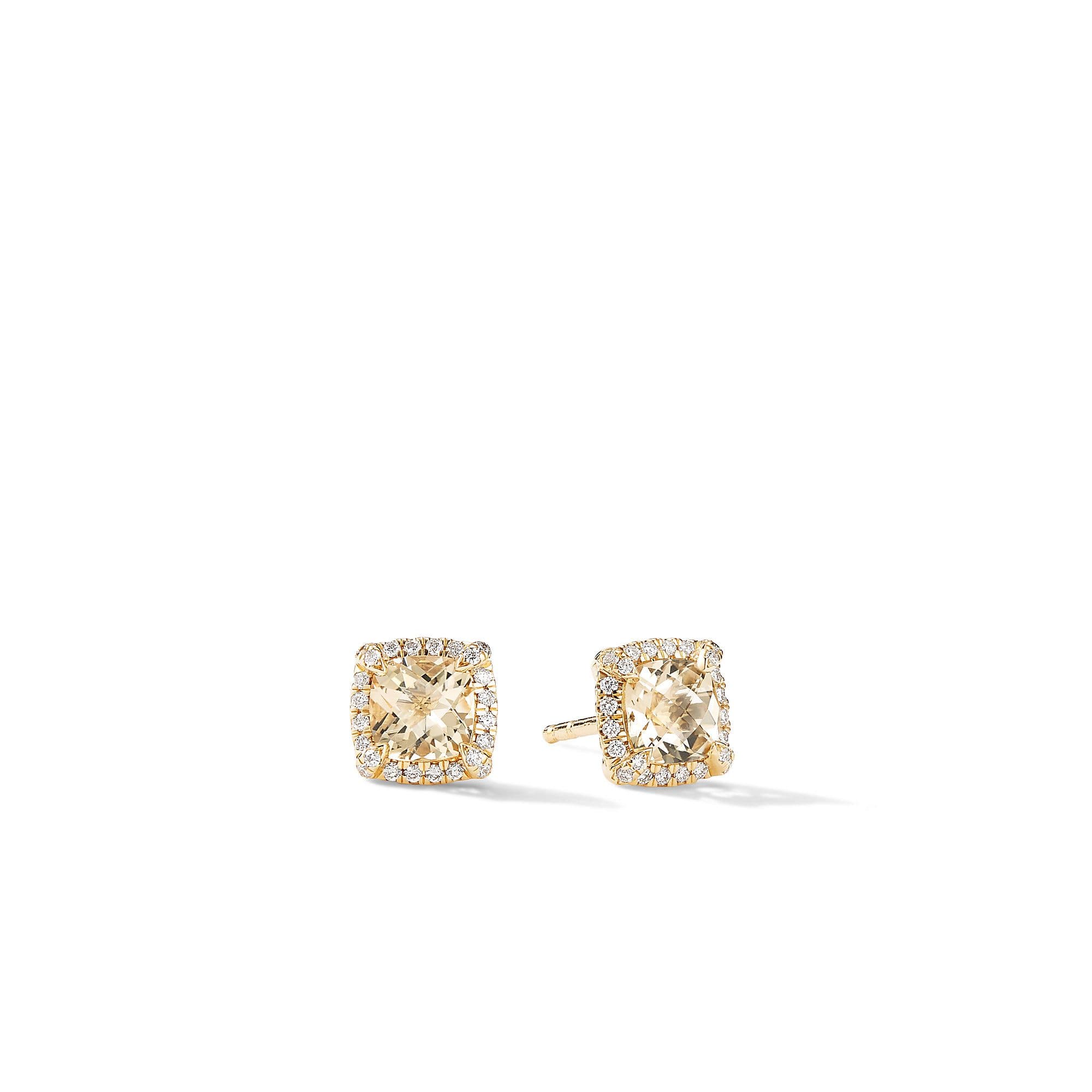 David Yurman Petite Chatelaine Pave Bezel Stud Earrings in Gold with Champagne Citrine