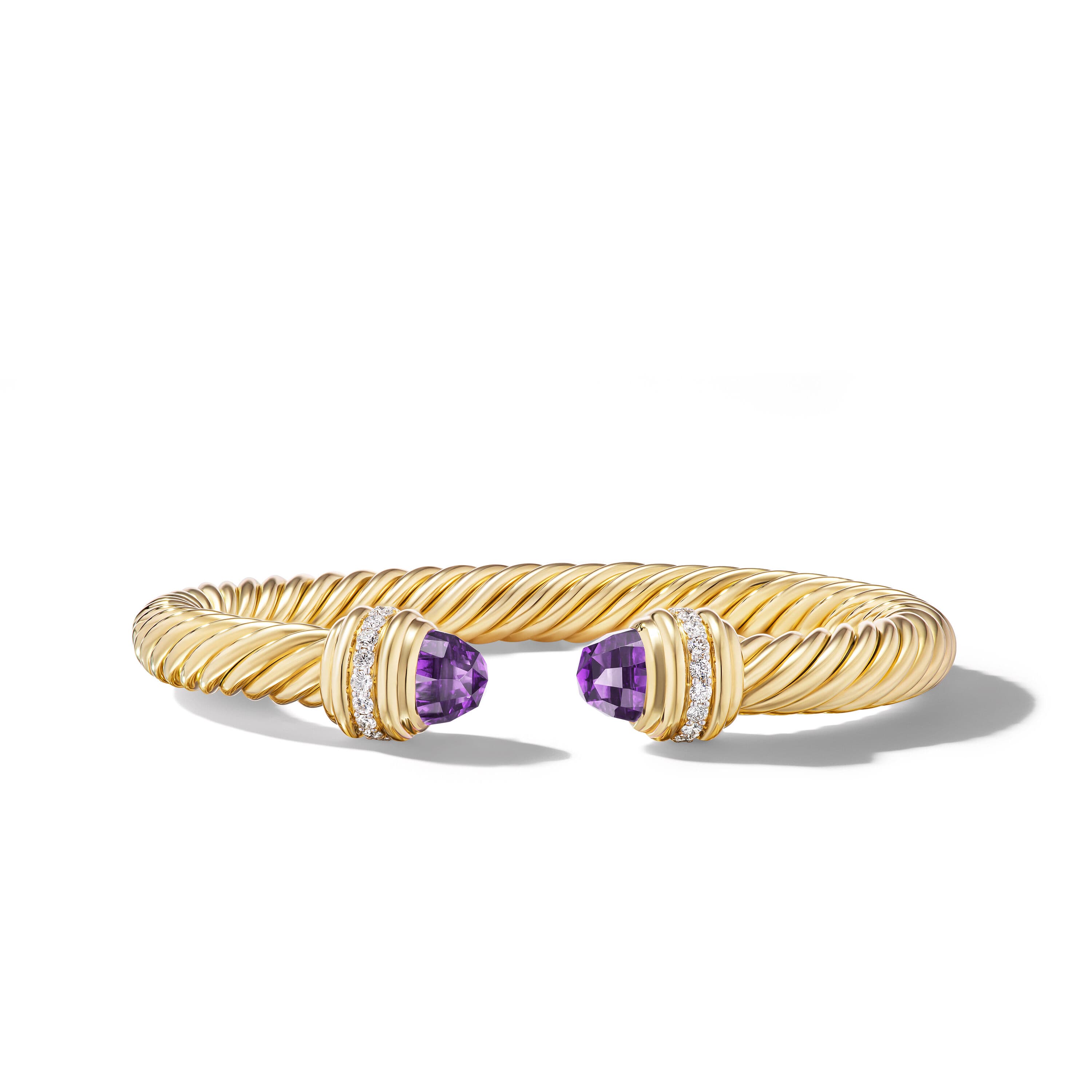 David Yurman 7mm Cablespira 18k Yellow Gold Amethyst Cuff Bracelet with Diamonds 0