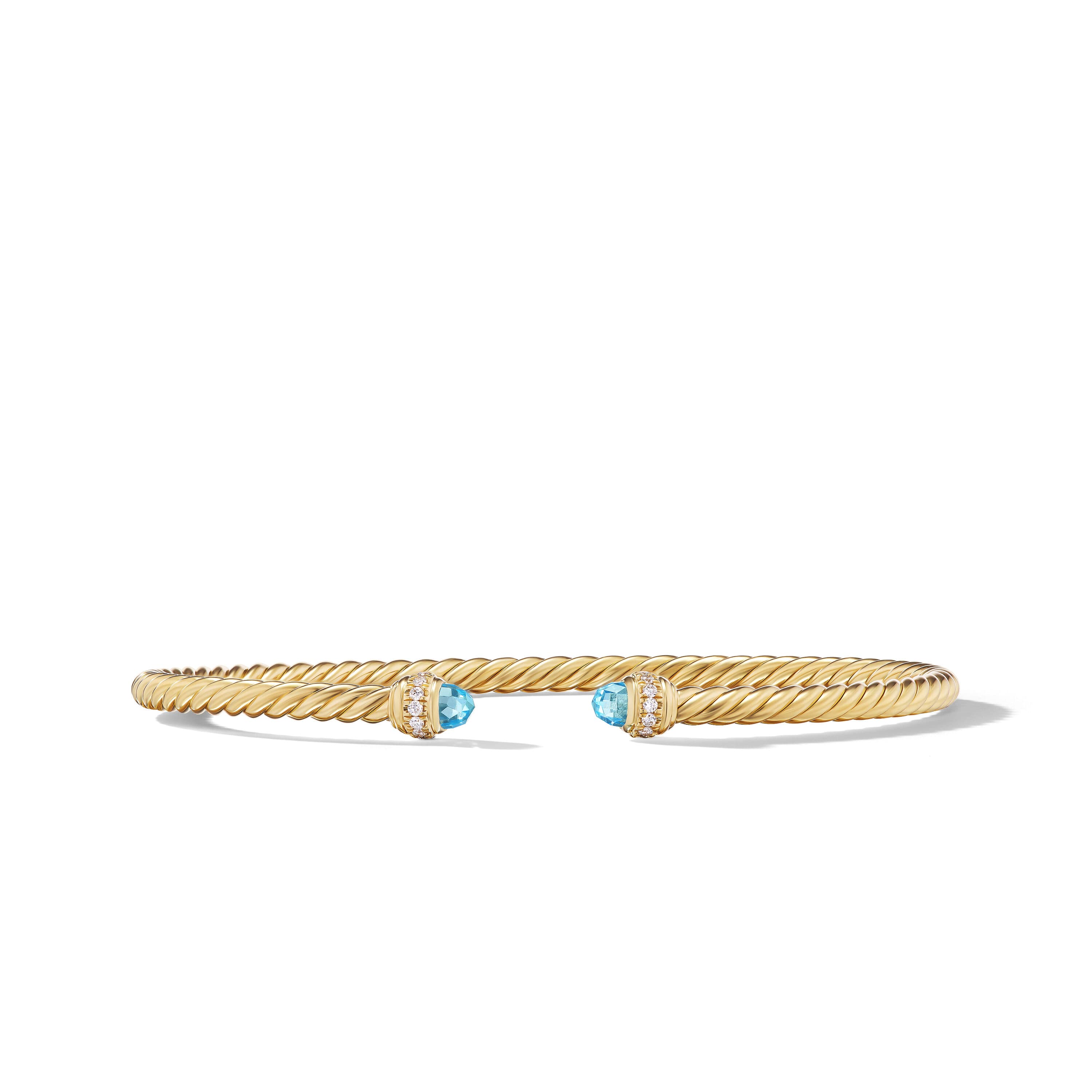 David Yurman 3mm Cablespira 18k Yellow Gold Blue Topaz Cuff Bracelet with Diamonds