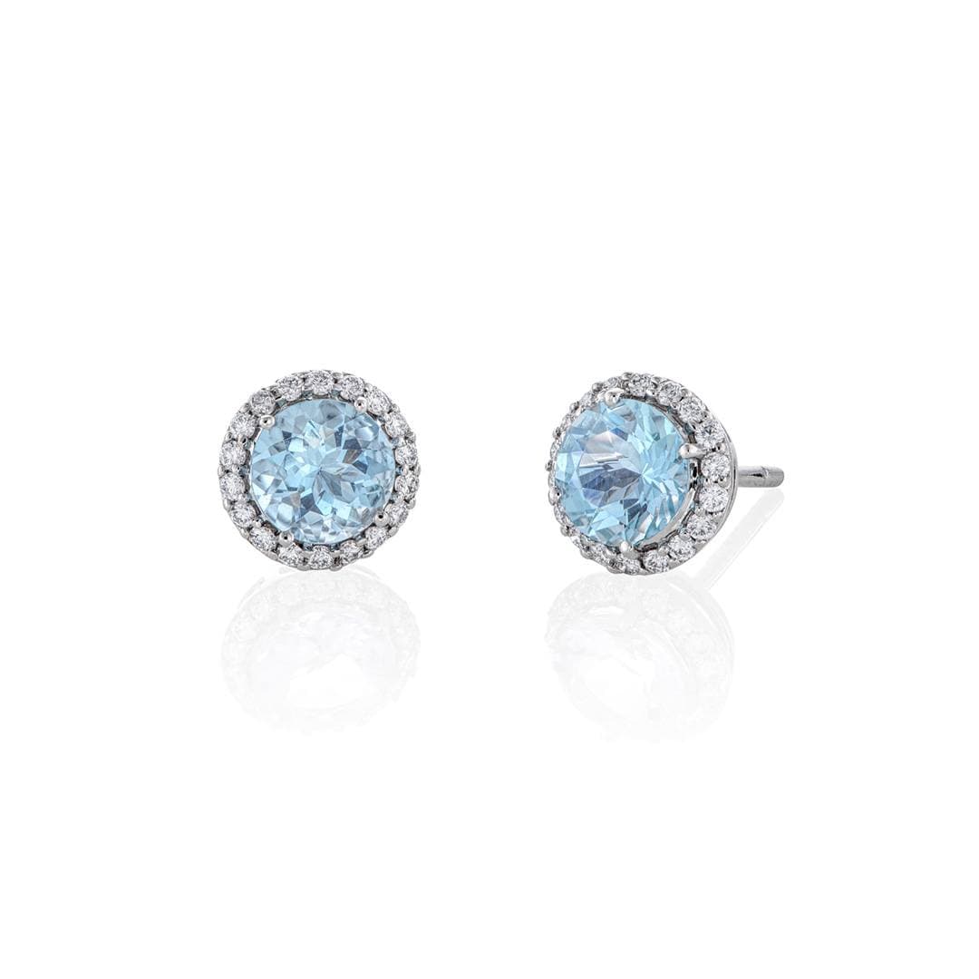 Round Aquamarine Stud Earrings with Diamond Halo