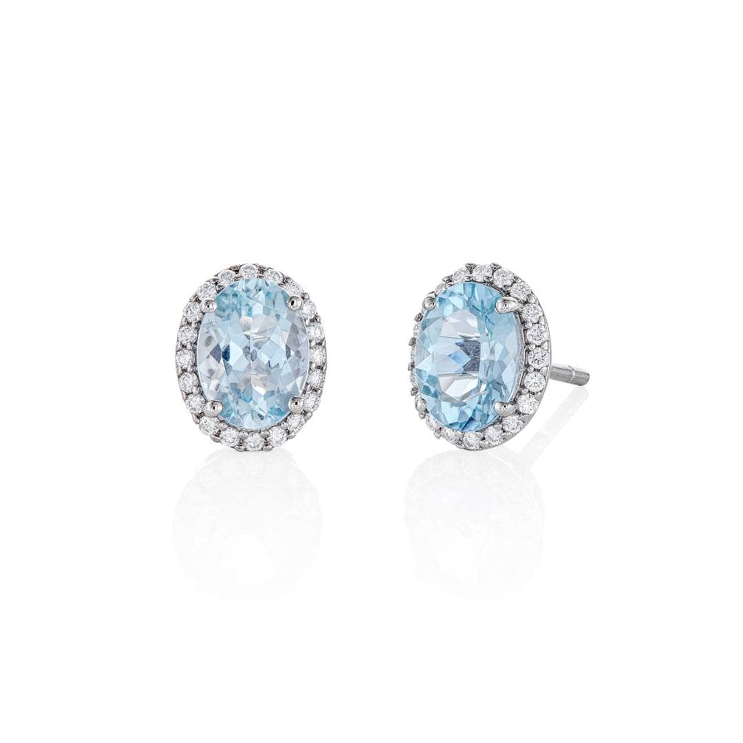 Oval Aquamarine Stud Earrings with Diamond Halo