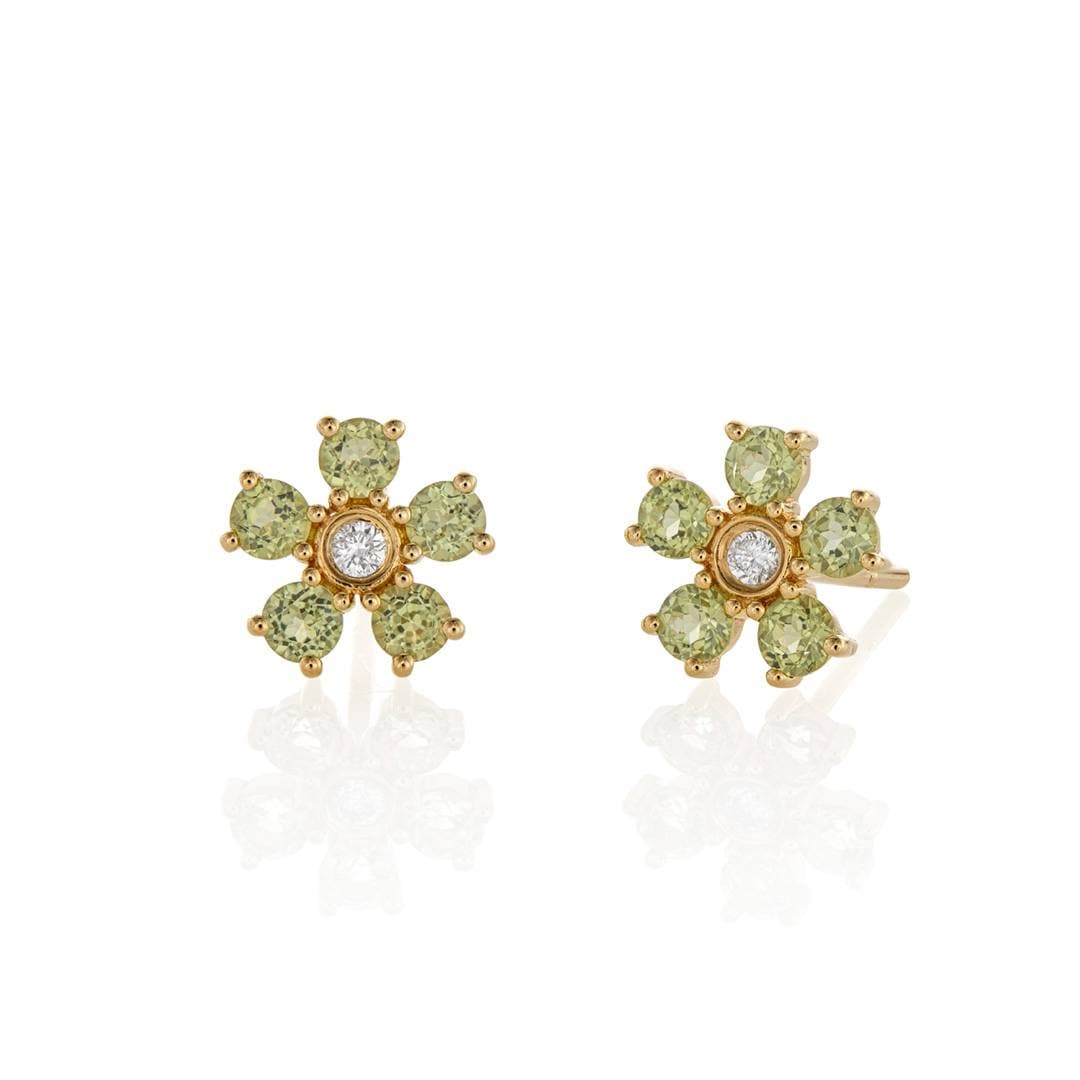 Gemstone and Diamond Yellow Gold Flower Stud Earrings