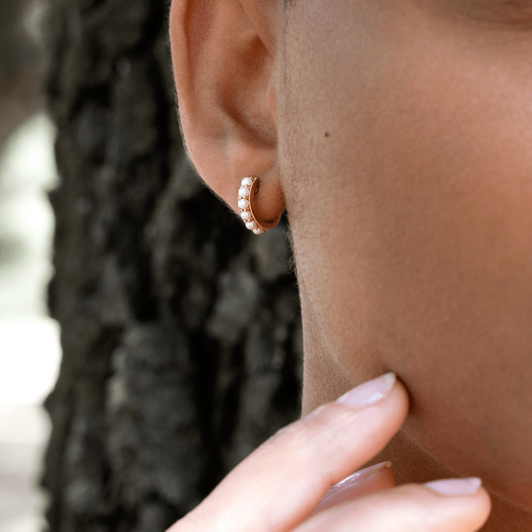 Yellow Gold & Pearl Huggie Hoop Earrings 2