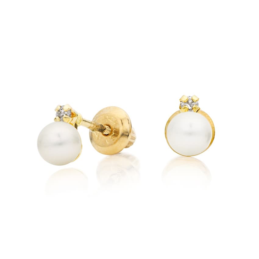 Child's Pearl Stud Earrings with Petite Diamond