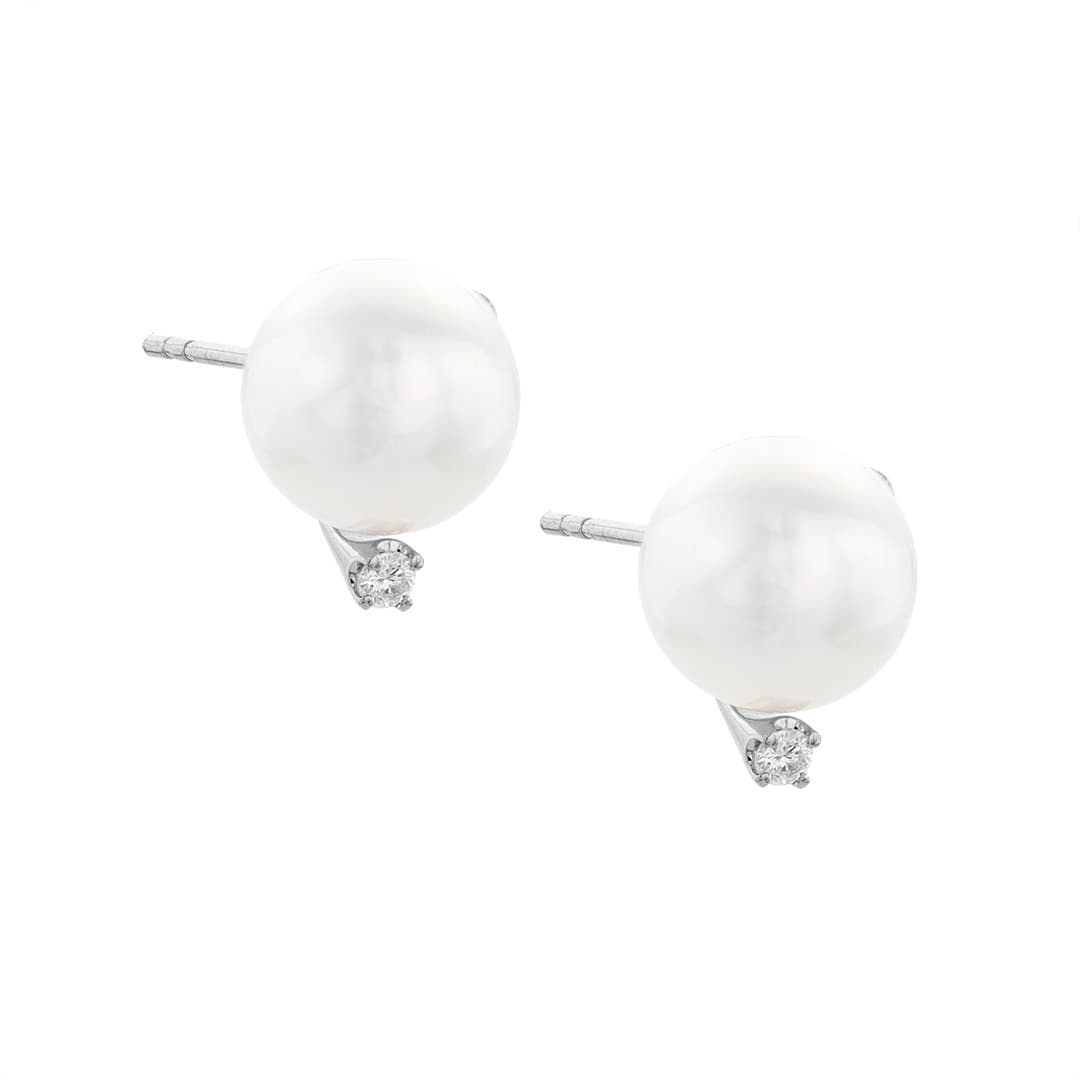 9mm Pearl & Round Diamond Post Earrings in White Gold