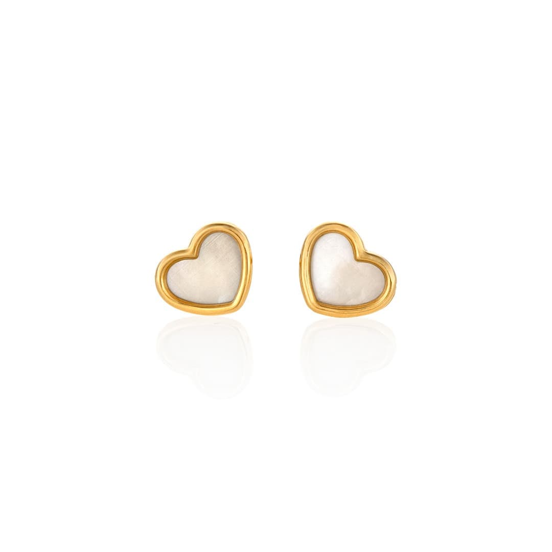 Child's Mother of Pearl Inset Heart Earrings in 14k Yellow Gold 1