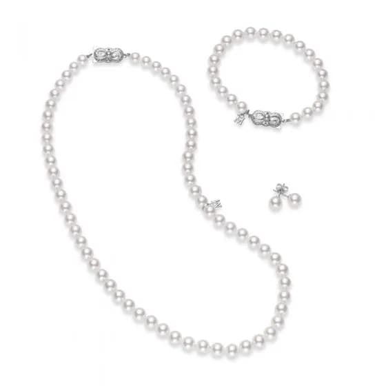 Mikimoto 18" Akoya Cultured Pearl Three Piece Set – 18K White Gold Clasp