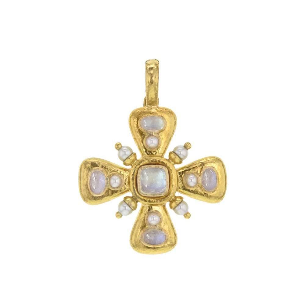 Elizabeth Locke Small Moonstone and Pearl Maltese Cross Pendant